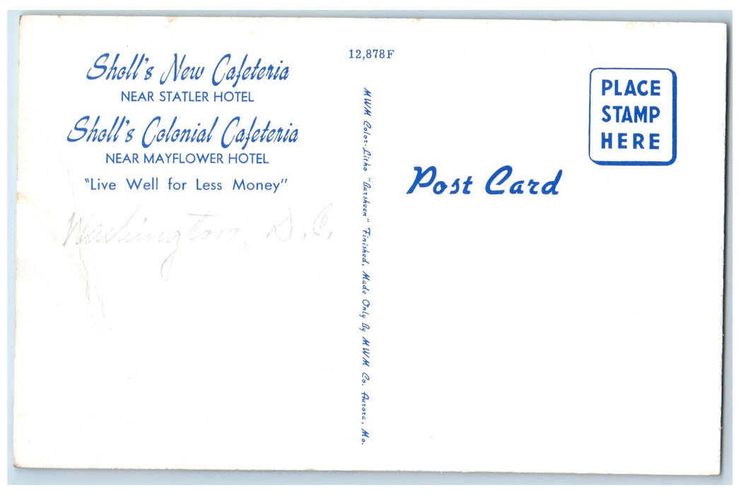c1950's Sholl's New Cafeteria Multiple Views Washington DC Advertising Postcard