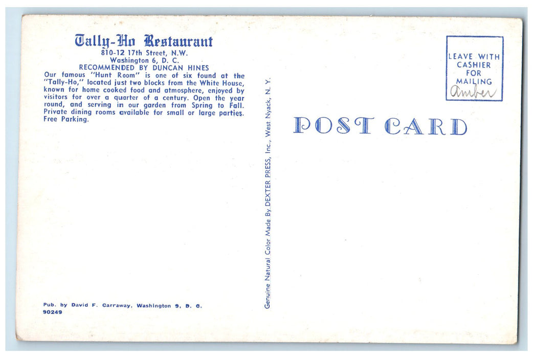 c1950's Tally Ho Restaurant Dining Set Up Washington DC Advertising Postcard