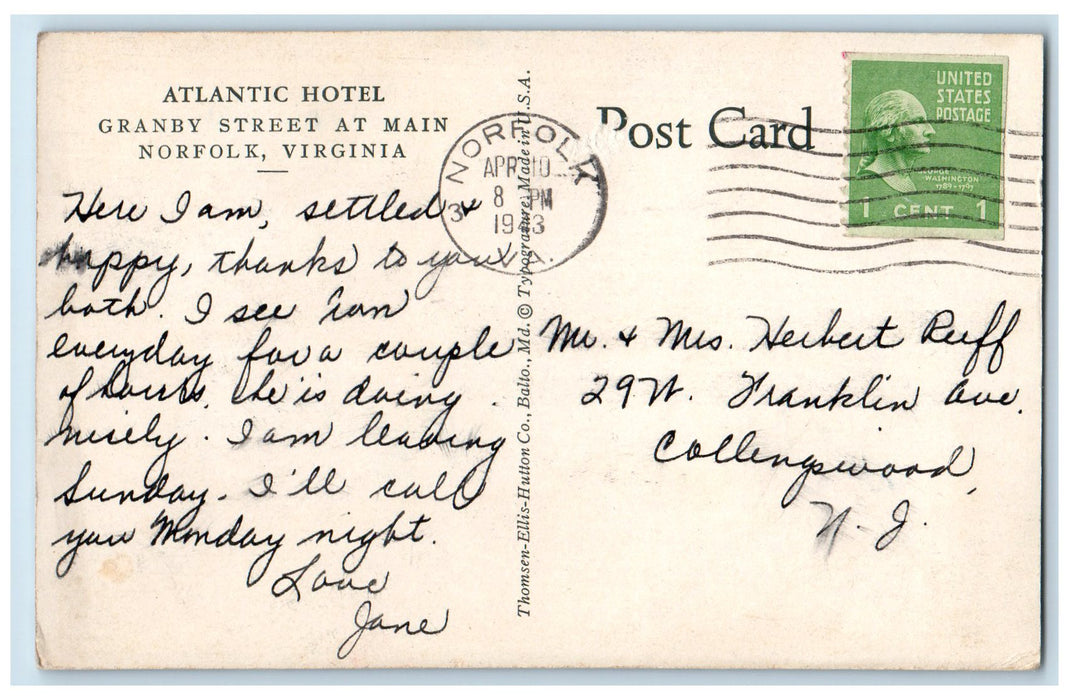 1943 Atlantic Hotel Granby St Lobby Restaurant Main Norfolk Virginia VA Postcard