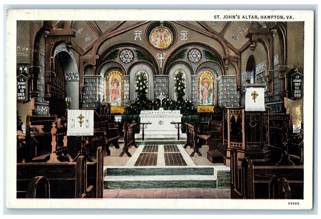 c1920's St. John's Altar Interior Design Crucifix Hampton Virginia VA Postcard