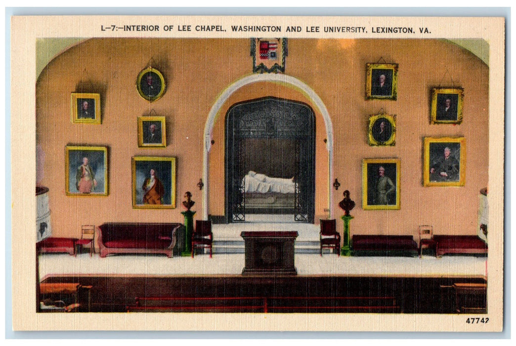 c1940's Interior Lee Chapel Washington & Lee University Lexington VA Postcard