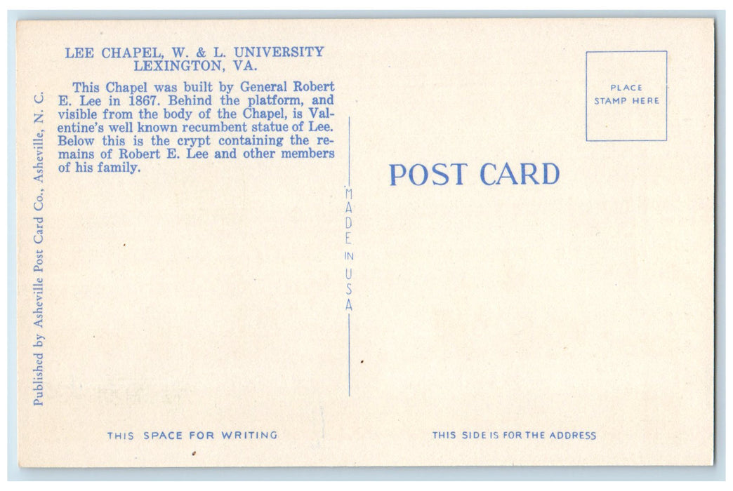 c1940's Interior Lee Chapel Washington & Lee University Lexington VA Postcard