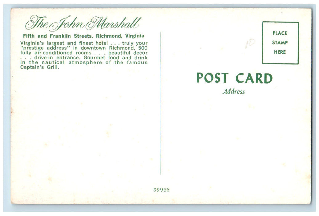 c1950 The John Marshall Hotel Restaurant Dining Franklin St Richmond VA Postcard