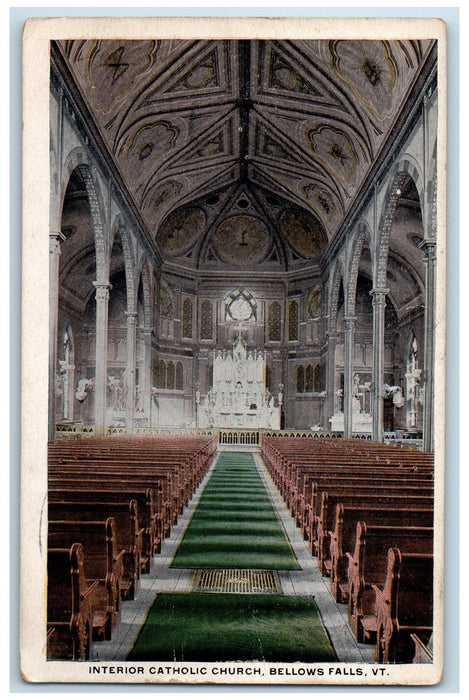 1917 Interior Catholic Church Building Altar Bellows Falls Vermont VT Postcard