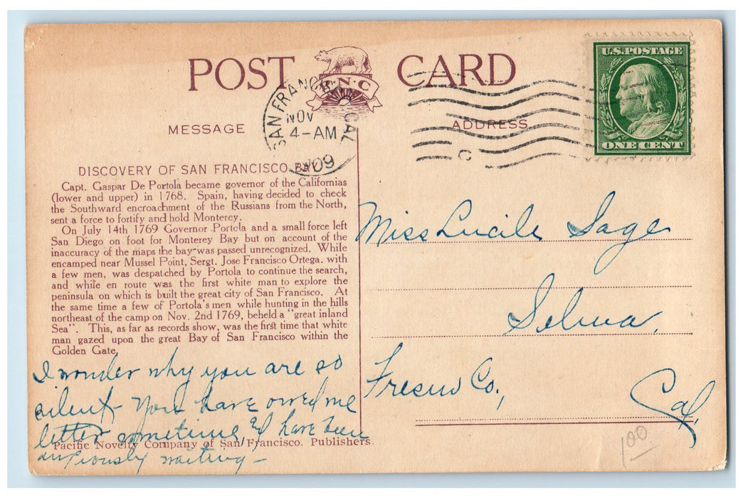 1909 The Discovery Of San Francisco Bay 1769 San Francisco CA Posted Postcard