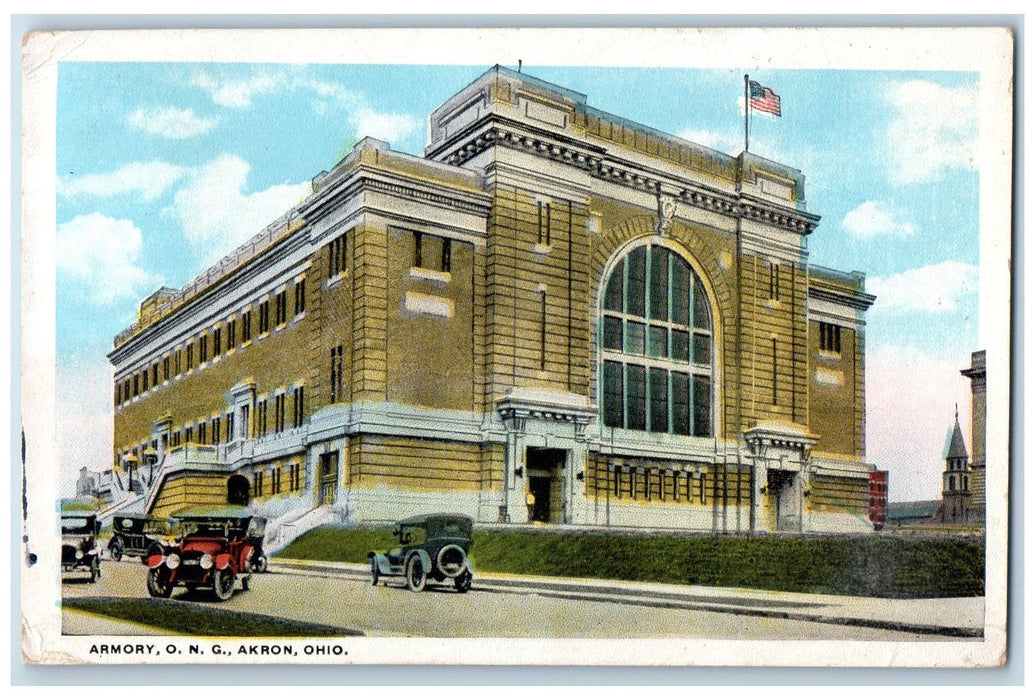 1922 Armory ONG Building Entrance Classic Cars Dirt Road Akron Ohio OH Postcard