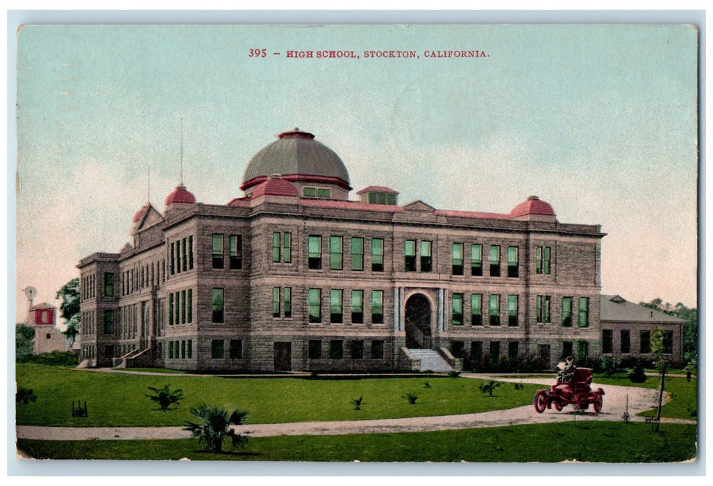 1911 High School Exterior Motorcar Scene Stockton California CA Posted Postcard