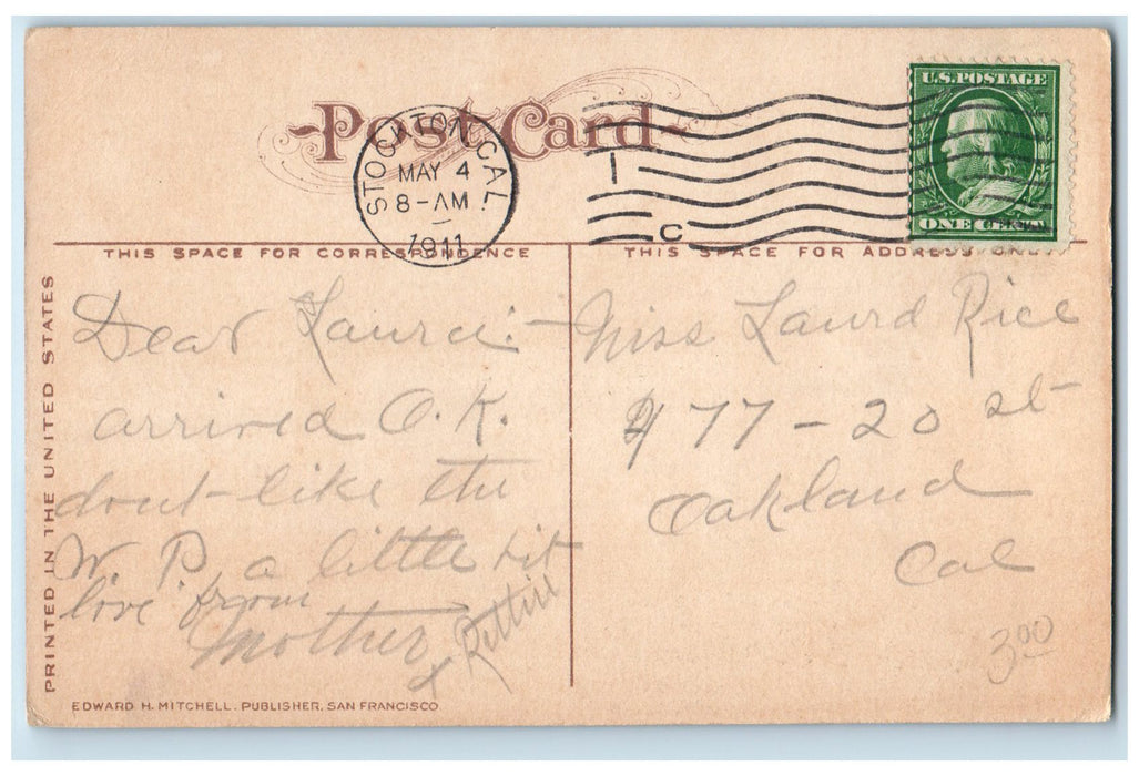 1911 High School Exterior Motorcar Scene Stockton California CA Posted Postcard
