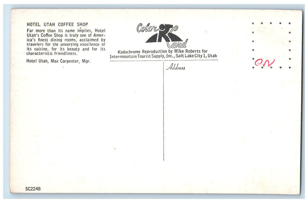 c1950's Hotel Utah Coffee Shop Interior Restaurant Salt Lake City Utah Postcard