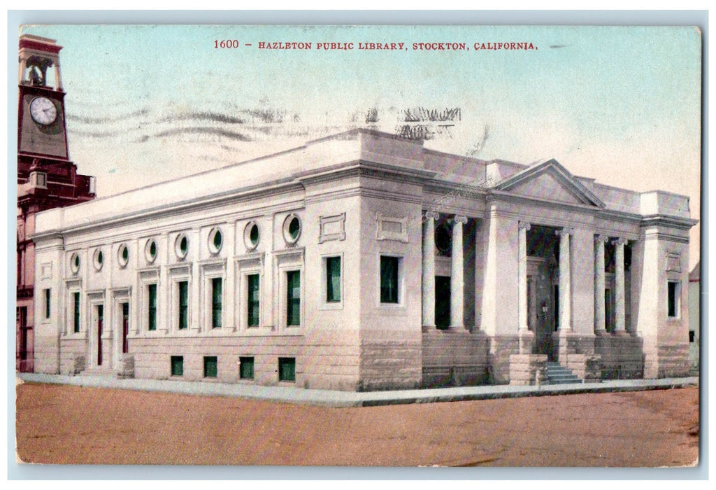 1910 Hazleton Public Library Scene Stoctkton California CA Posted Clock Postcard
