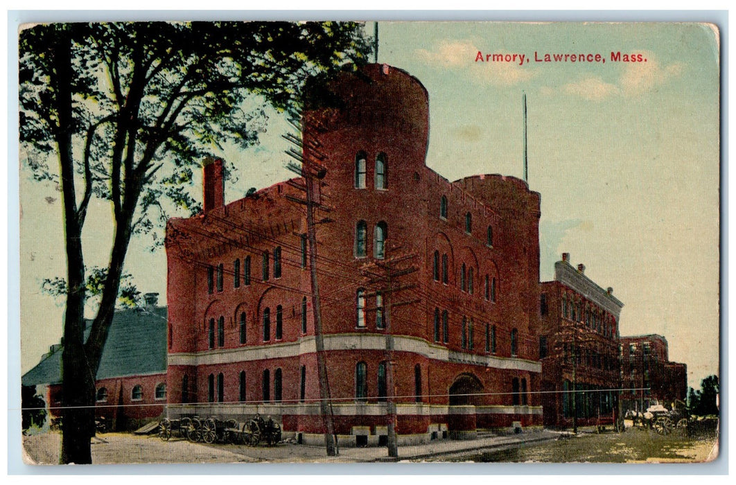 1912 Armory Building Tower Wagon Dirt Road Lawrence Massachusetts MA Postcard