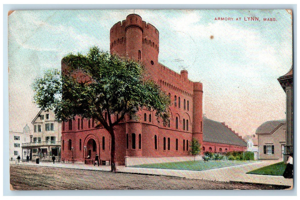 1908 Armory Building Tower Dirt Road Tree Entry Lynn Massachusetts MA Postcard