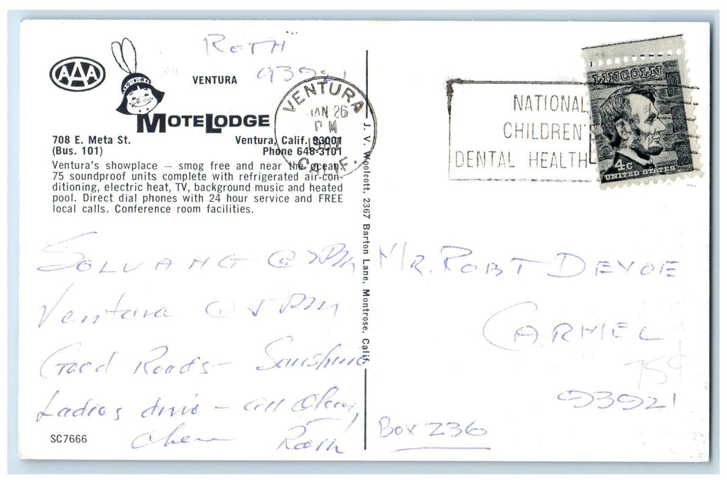1967 Motel Lodge Exterior Roadside Ventura California CA Unposted Sky Postcard