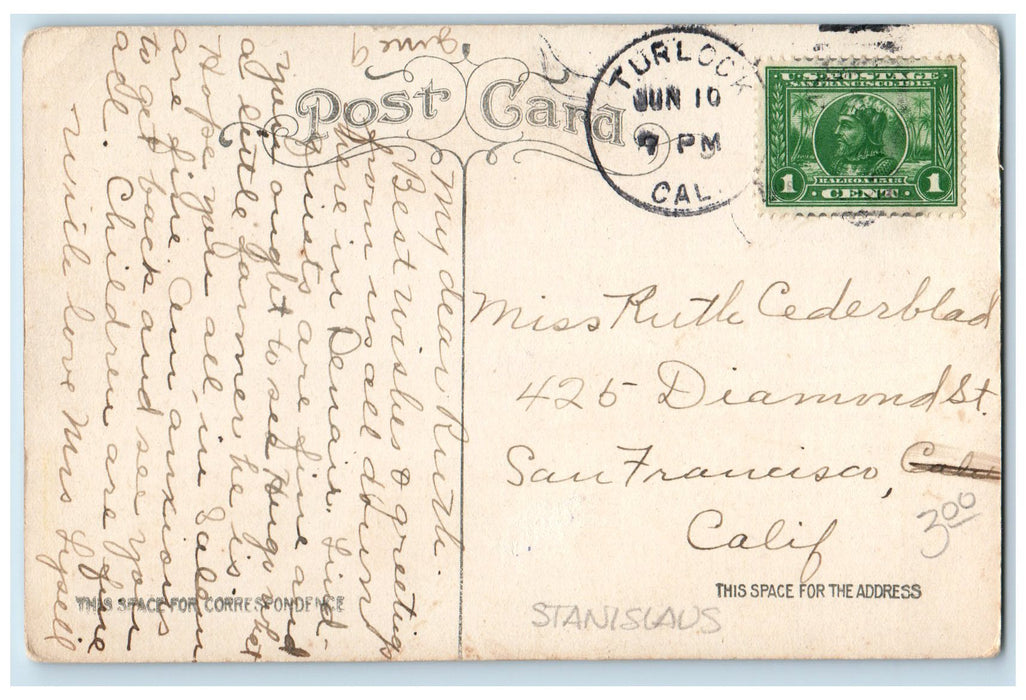 1910 Turlock High School Exterior Roadside Turlock California CA Posted Postcard