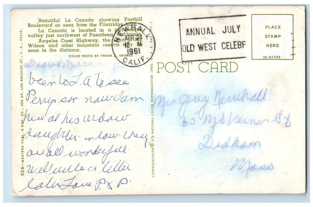 1961 La Canada Foothill Boulevard Flintridge Pasadena California CA Postcard
