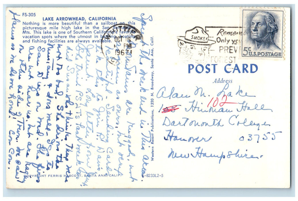 1967 Lake Arrowhead Sailboat San Bernardino Mts. Grove California CA Postcard