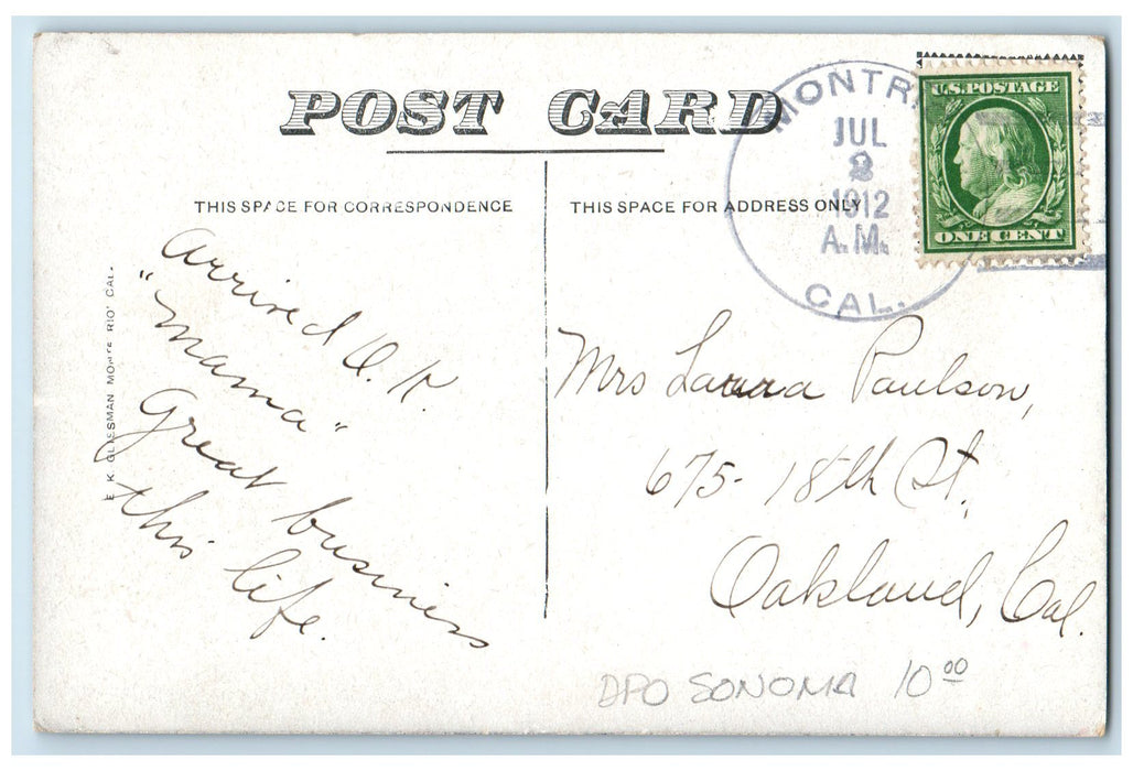 1912 Russian River Hills Trees Scene At Monte Rio California CA Posted Postcard