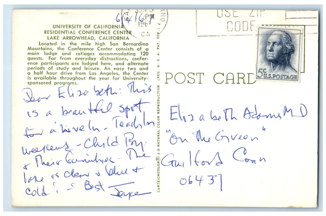 1967 University Of California Residential Conference Lake Arrowhead CA Postcard