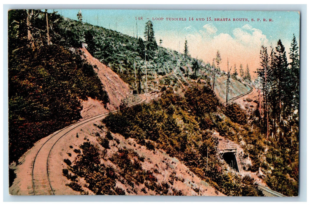 c1950's Loop Tunnels 14 & 15 Shasta Route SP Railroad Hills Grove CA Postcard