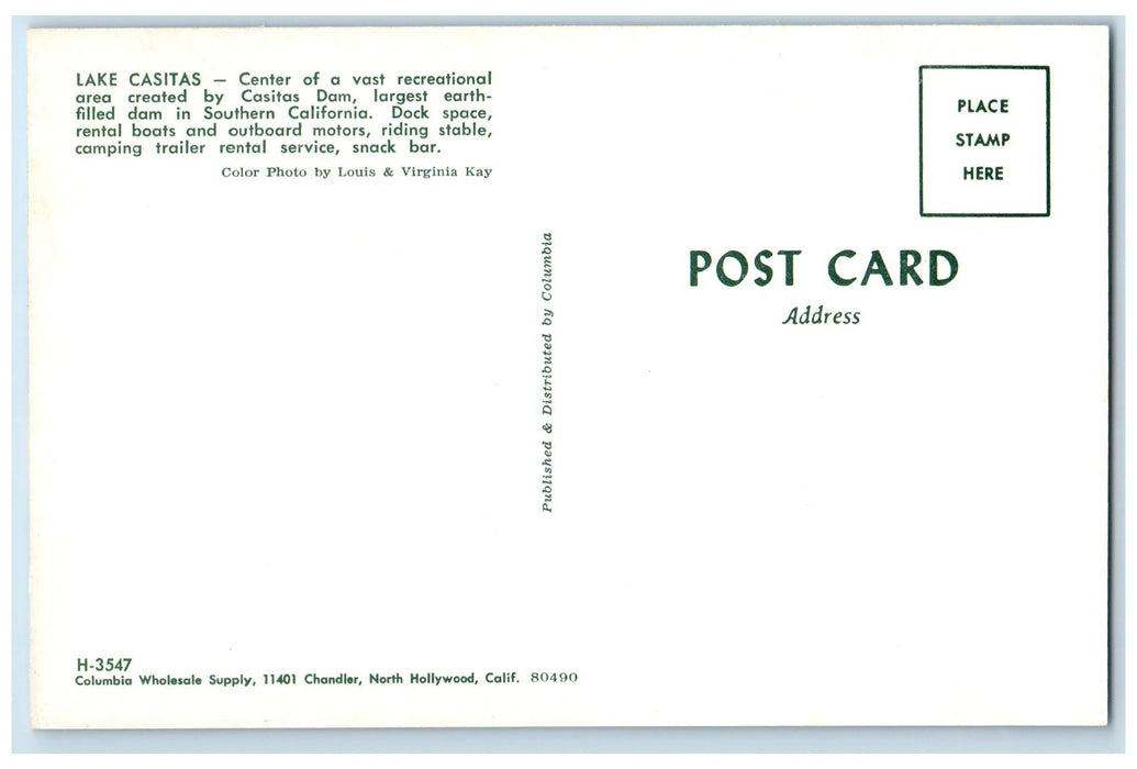 c1950's Lake Casitas Recreational Area Rental Boats Restaurant Camp CA Postcard