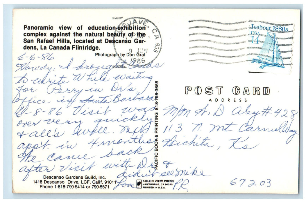 1986 Education Exhibition San Rafael Hills La Canada Flintridge View CA Postcard