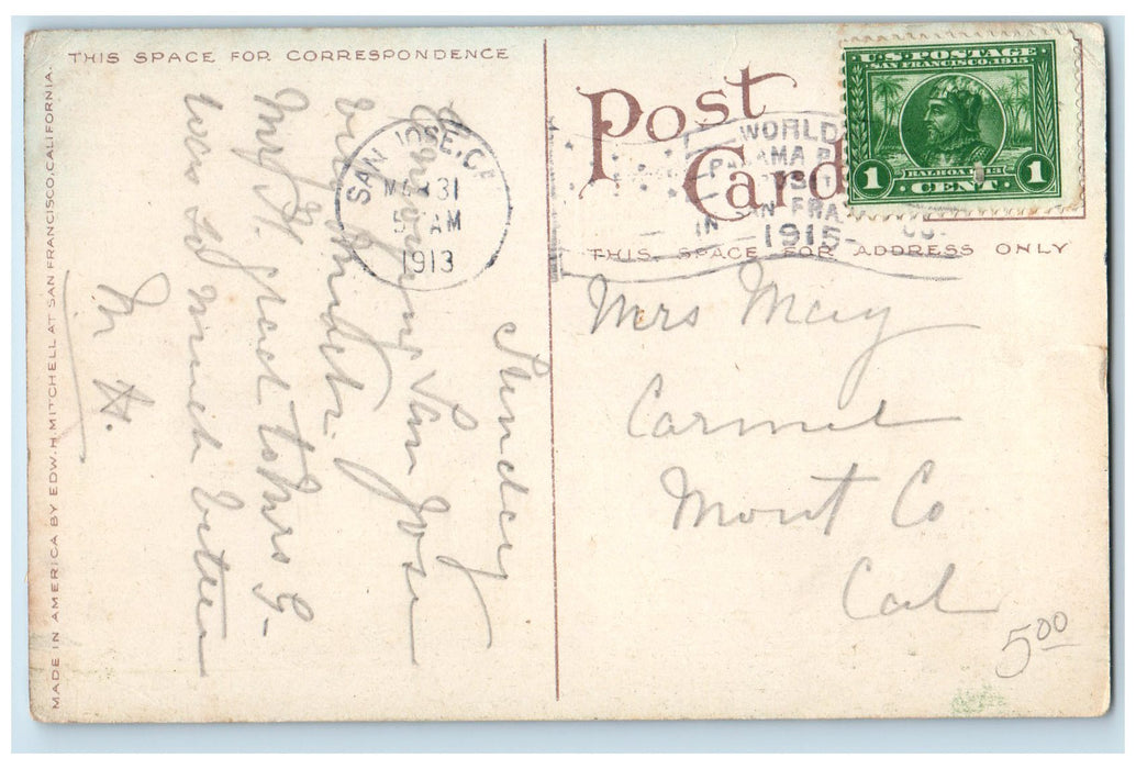 1915 Horace Mann School Exterior Scene San Jose California CA Posted Postcard