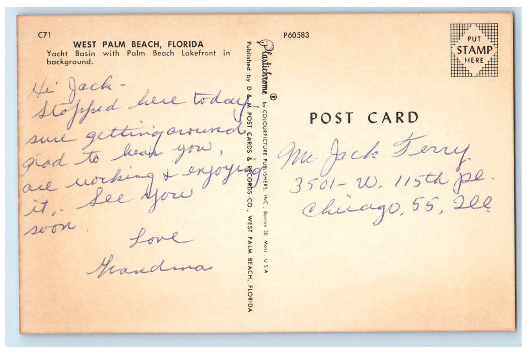 c1960s West Palm Beach Lake Front Yacht Basin Florida FL Unposted Boats Postcard