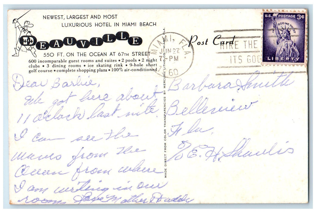 1960 Eauville Luxurious Hotel In Miami Beach Florida FL Posted Couple Postcard