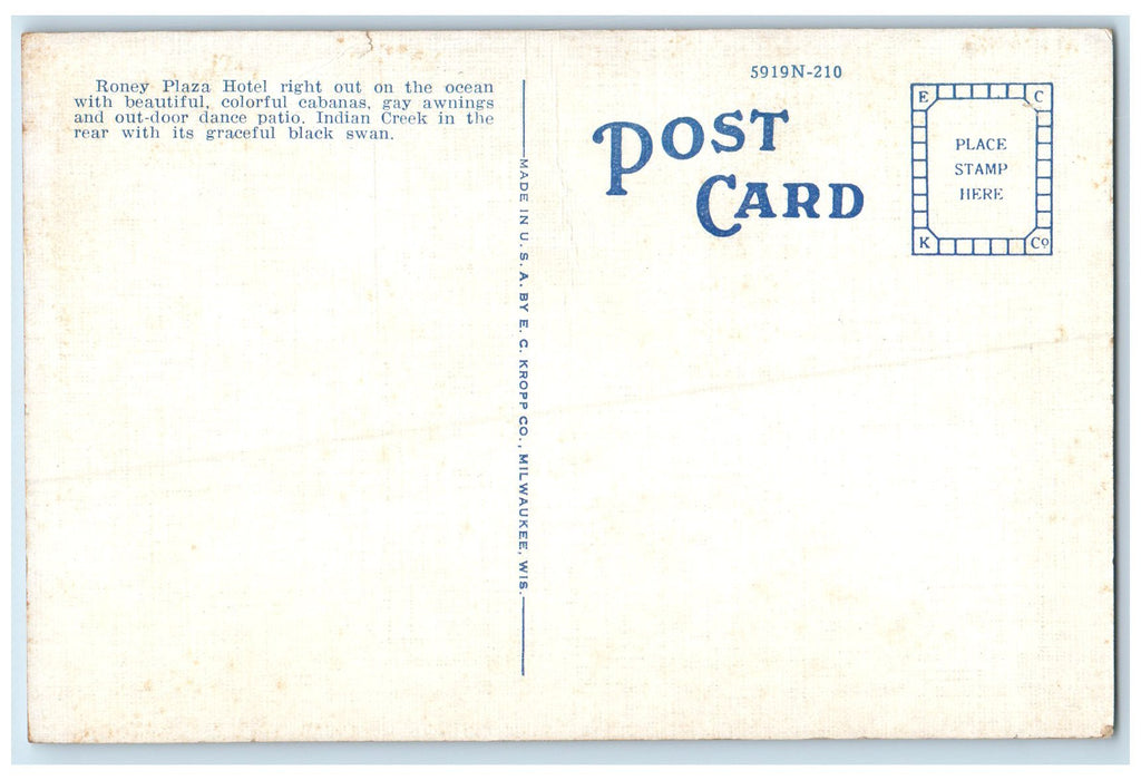c1940s Roney Plaza & Indian Creek Lake Pancoast Miami Beach Florida FL Postcard