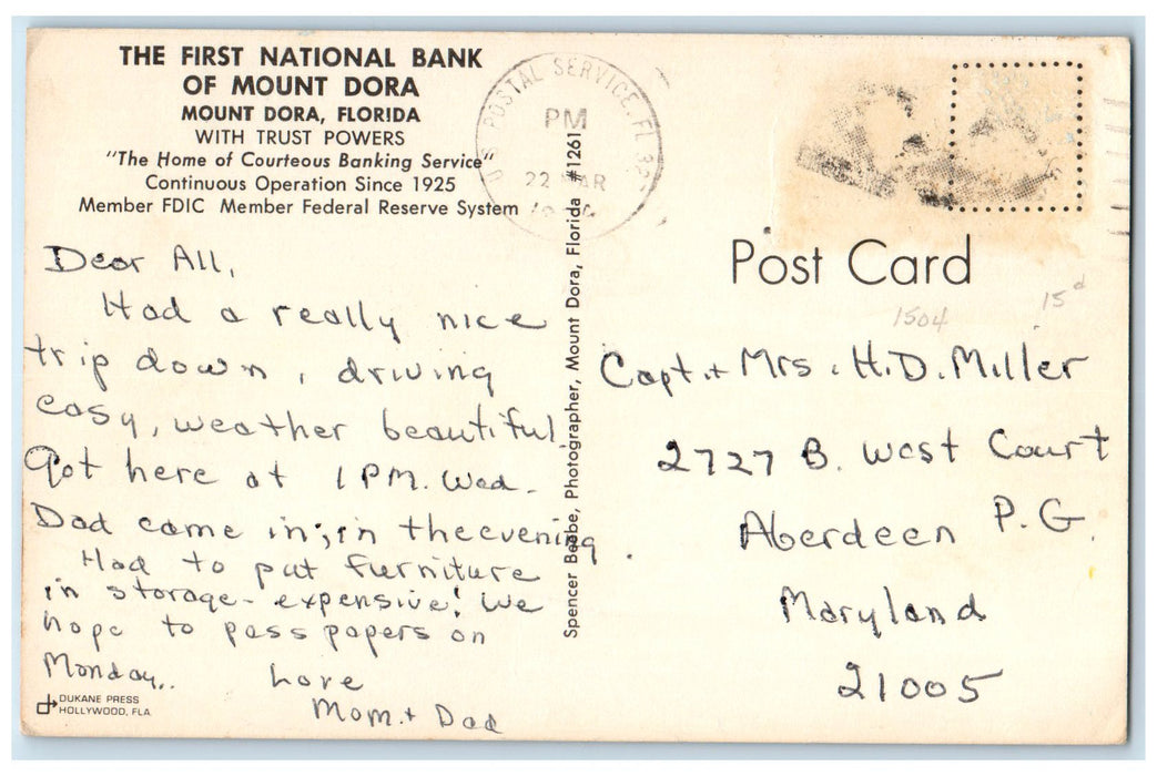 1964 The First National Bank Roadside Of Mount Dora Florida FL Posted Postcard