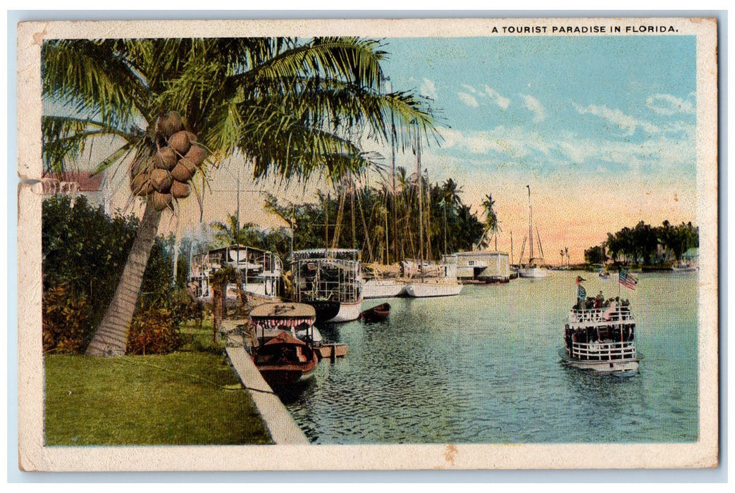 1924 A Tourist Paradise Coconut Tree In Jacksonville Florida FL Boats Postcard