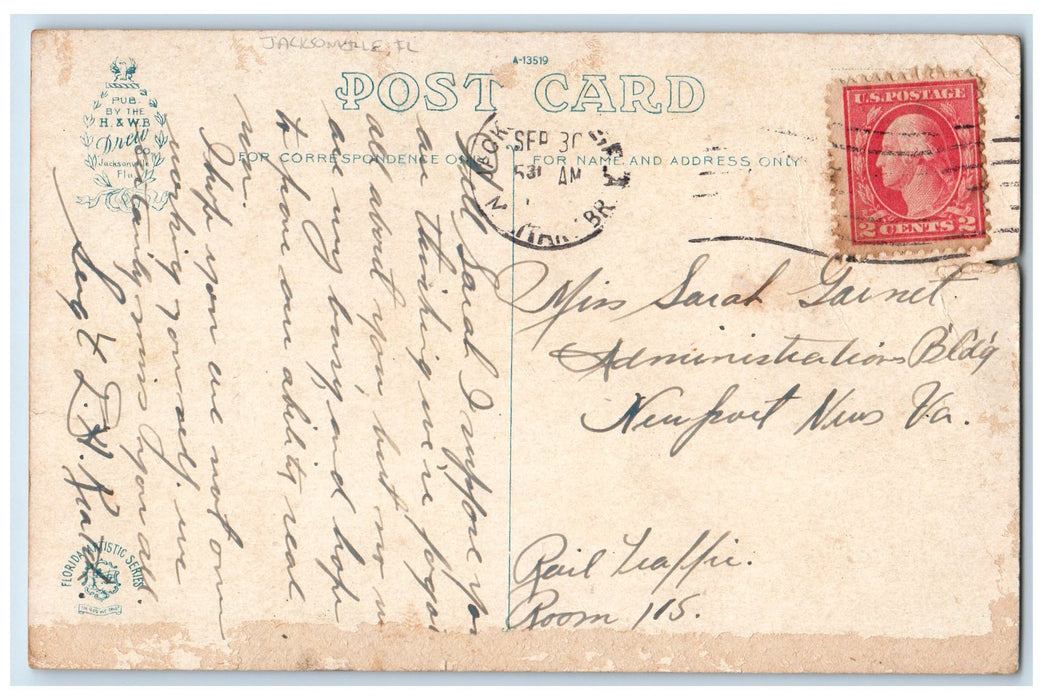 1924 A Tourist Paradise Coconut Tree In Jacksonville Florida FL Boats Postcard
