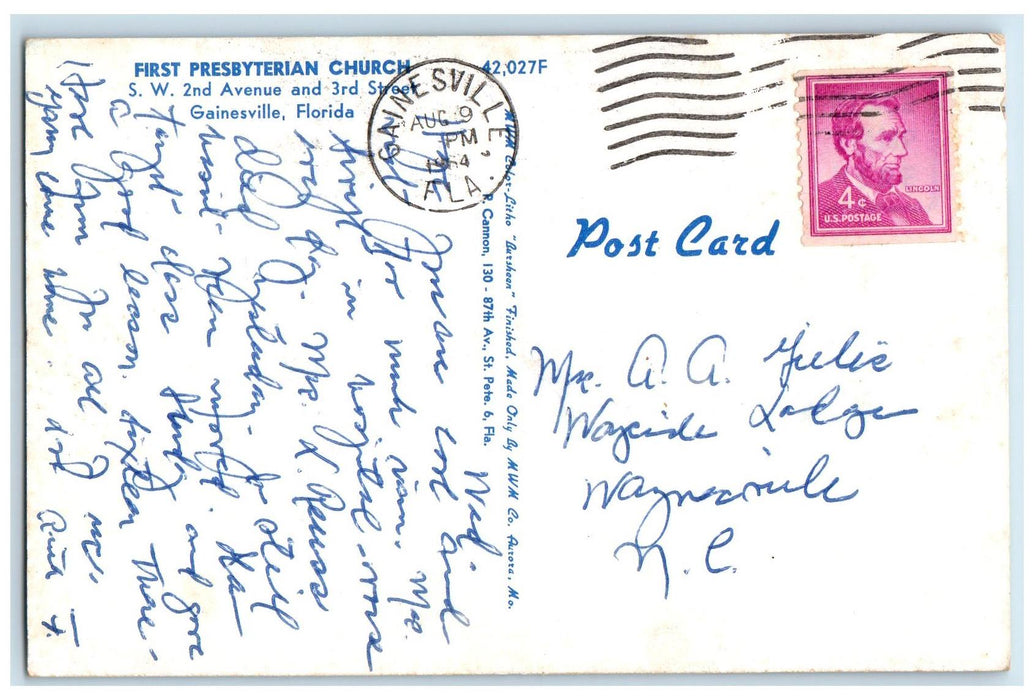 1964 First Presbyterian Church Exterior Gainesville Florida FL Posted Postcard