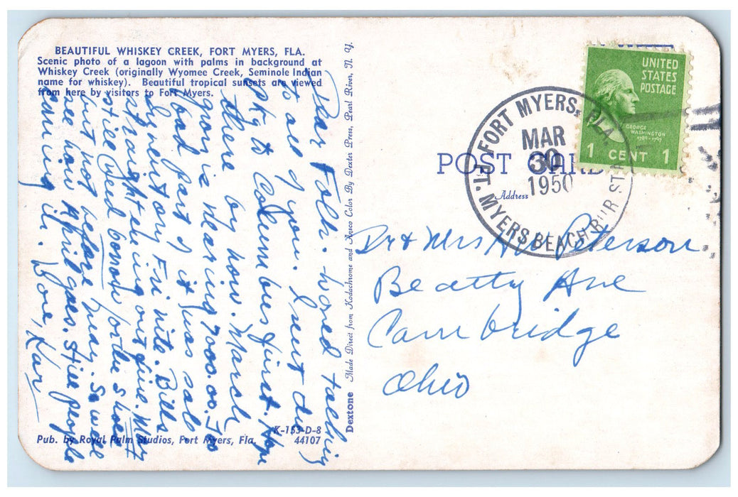 1950 Beautiful Whiskey Creek Trees Scene Fort Myers Florida FL Posted Postcard