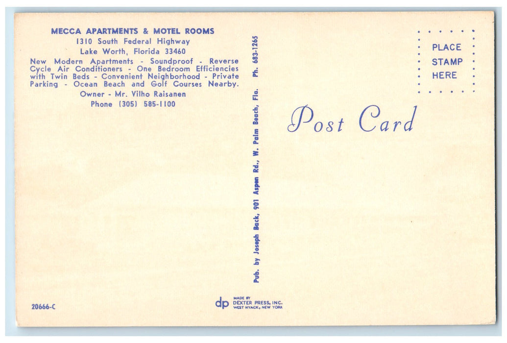 c1960s Mecca Apartments & Motel Rooms Lake Worth Florida FL Unposted Postcard