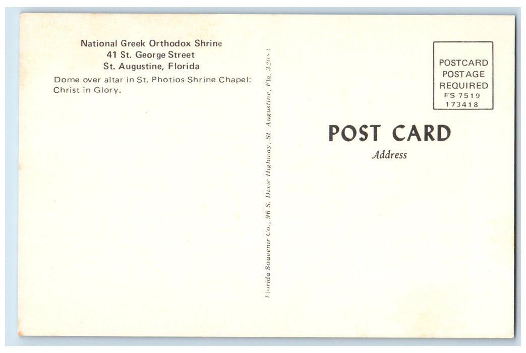 c1960s National Greek Orthodox Christ In Glory St. Augustin Florida FL Postcard