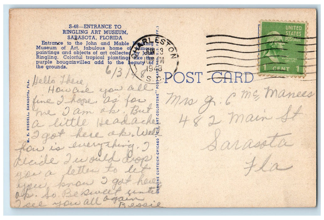 1948 Entrance To Ringling Art Museum Exterior Sarasota Florida FL Trees Postcard