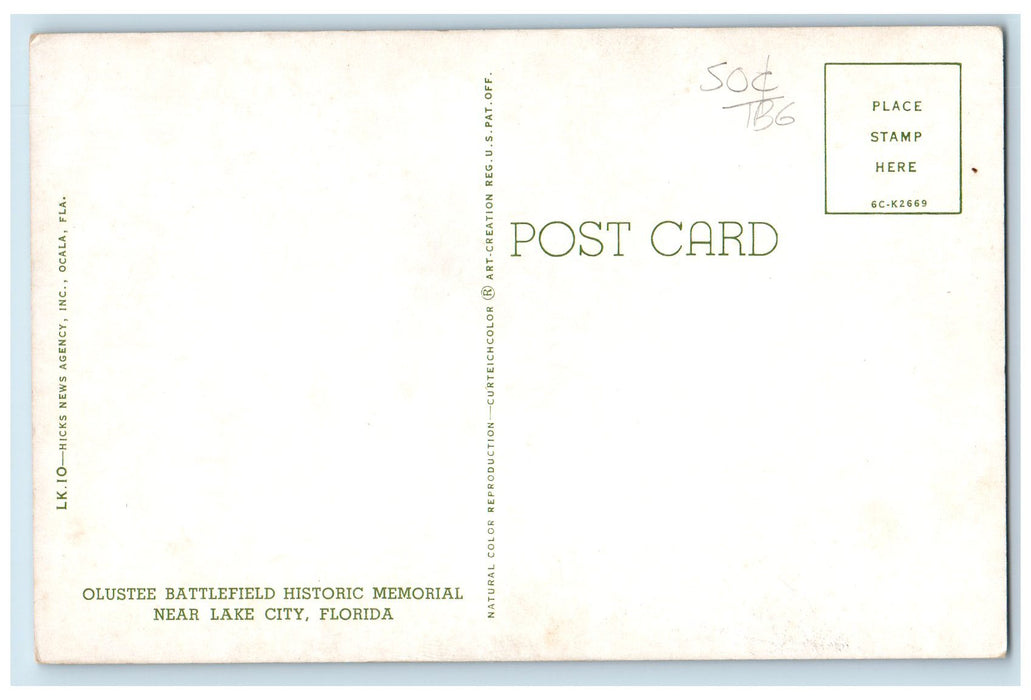 c1960s Olustee Battlefield Historic Memorial Near Lake City Florida FL Postcard