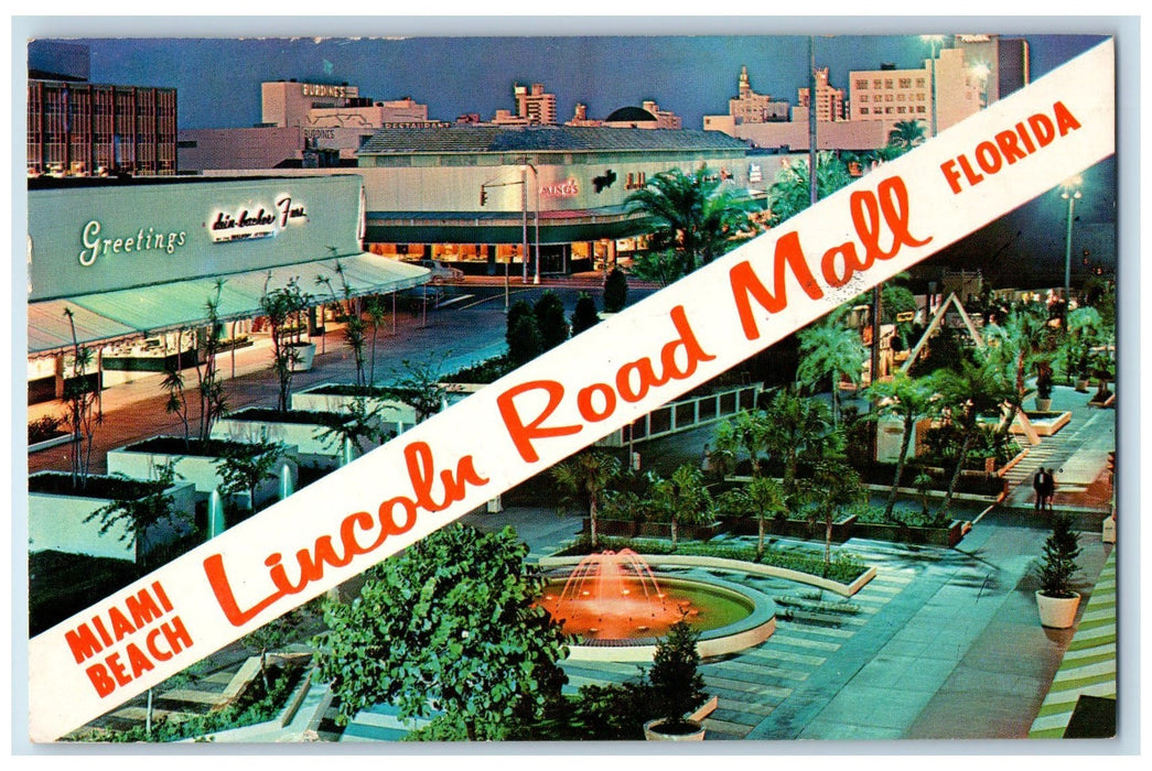 1964 Lincoln Road Mall Scene Miami Beach Florida FL Posted Fountain Postcard
