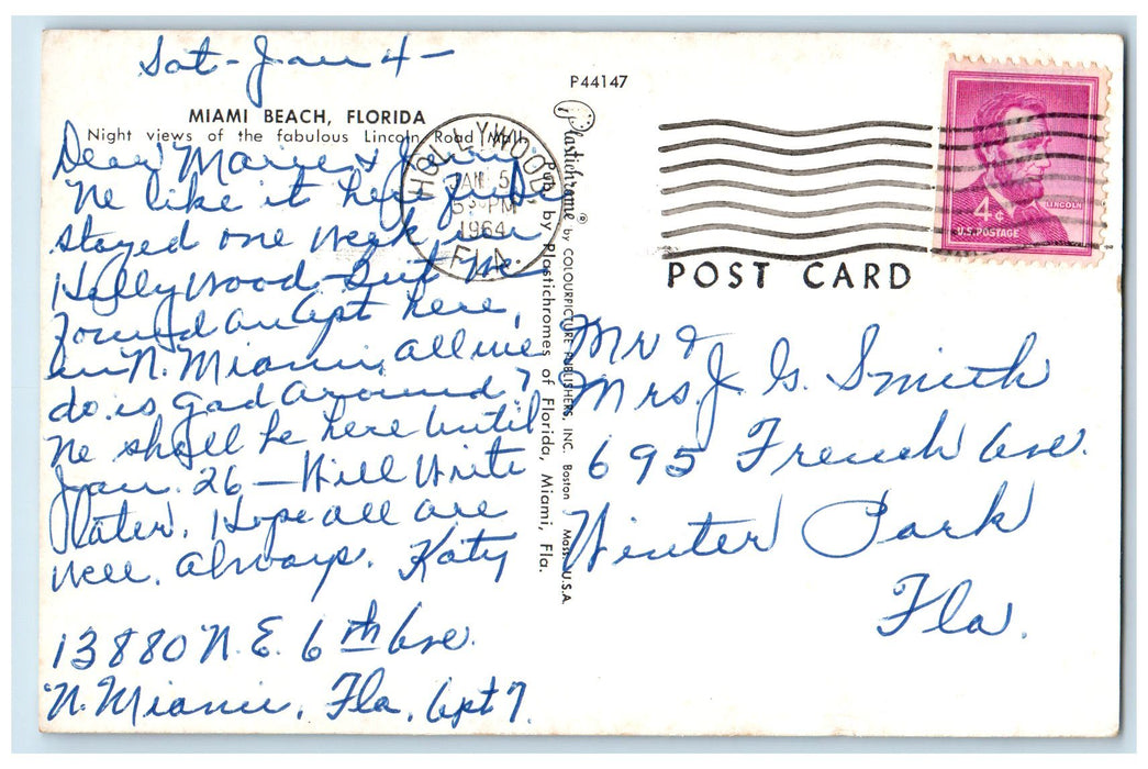 1964 Lincoln Road Mall Scene Miami Beach Florida FL Posted Fountain Postcard
