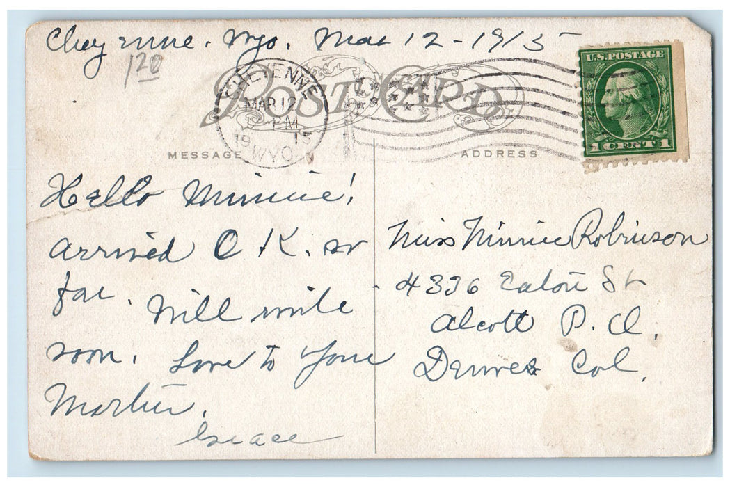 1915 Street Looking West Residence Scene Cheyenne Wyoming WY Posted Postcard