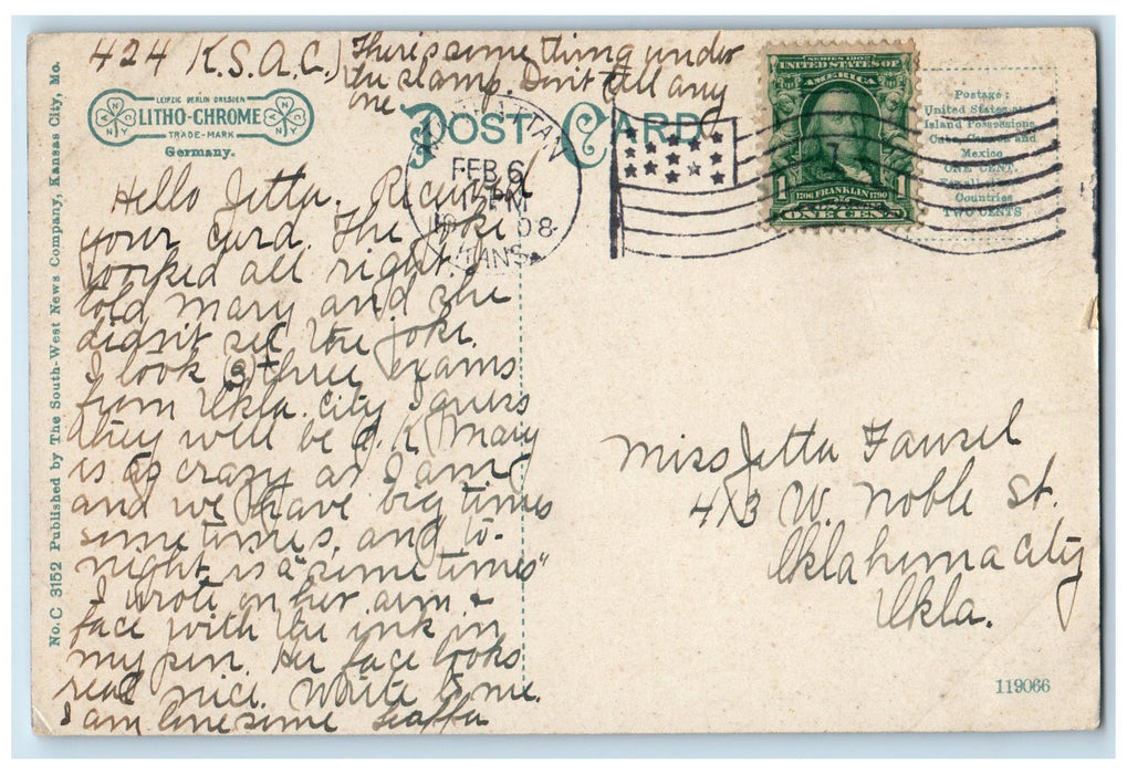 1908 City Park Trees Monument Scene Manhattan Kansas KS Posted Vintage Postcard