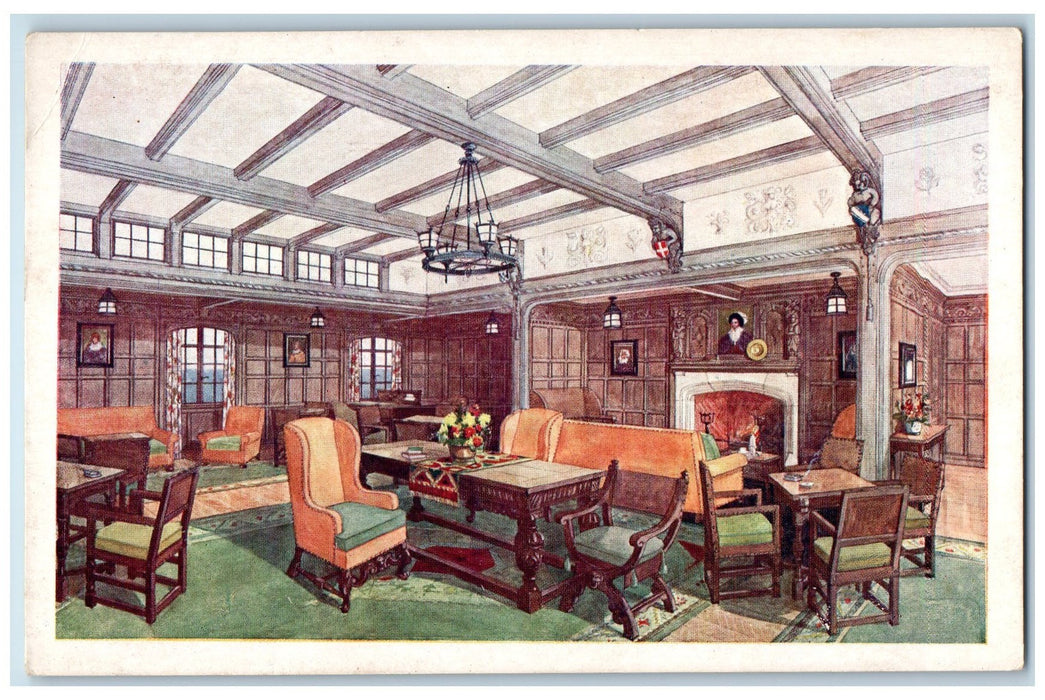 c1940's M.S. Asama Maru  Smoking Room Interior Steamer Japanese Liner Postcard