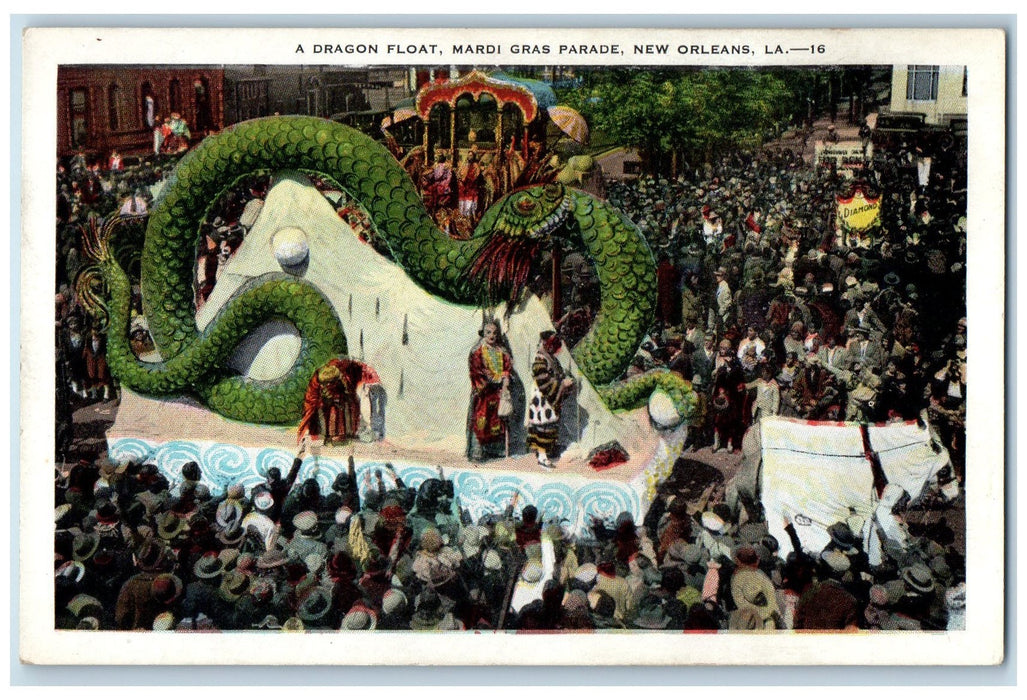 c1920s A Dragon Float Mardi Gras Parade Scene New Orleans Louisiana LA Postcard