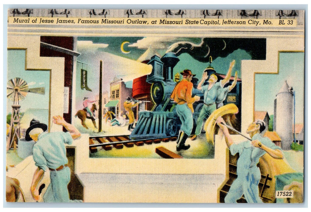 c1940s Mural Of Jesse James Famous Missouri Outlaw Jefferson City MO Postcard