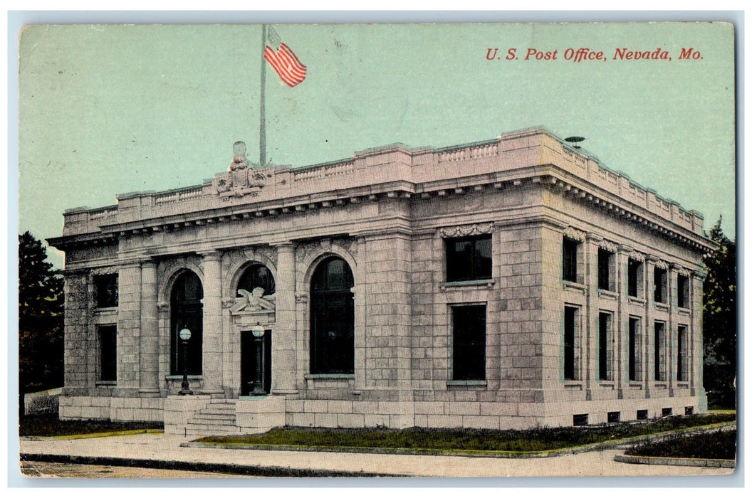 1912 United States Post Office Exterior Nevada Missouri MO Posted Flag Postcard