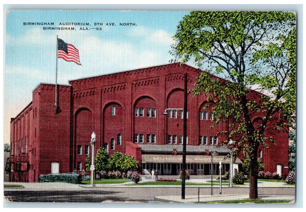 1941 Birmingham Auditorium 8th Ave. Building Entrance Flag Alabama AL Postcard