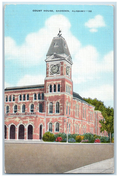 c1940's Court House Building Clock Tower Garden View Gadsden Alabama AL Postcard