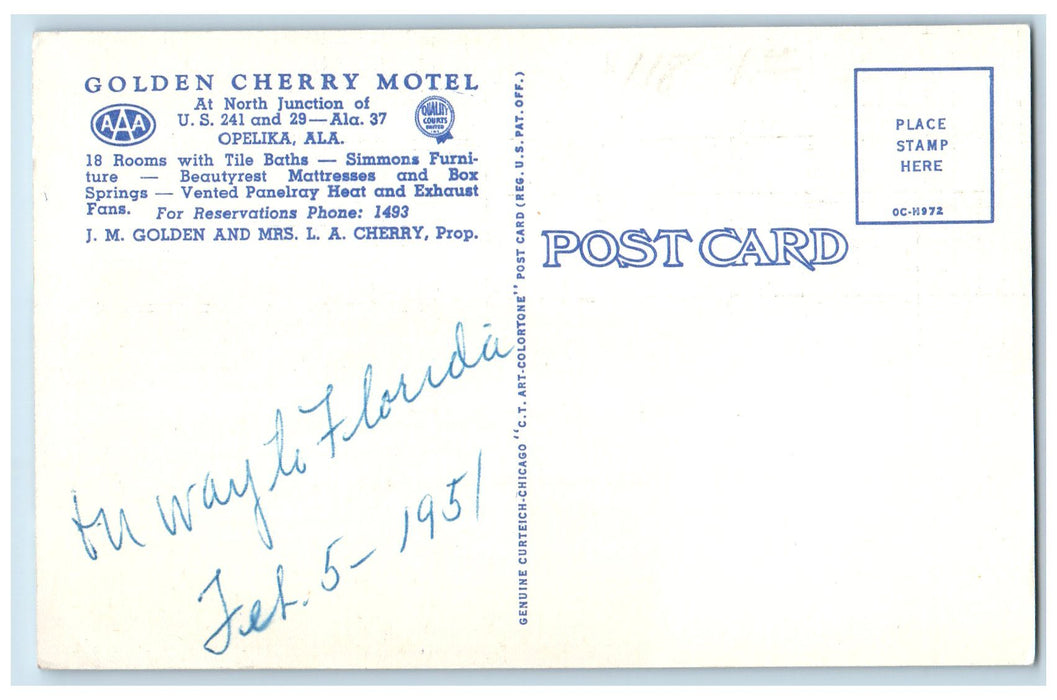 c1940's Golden Cherry Motel Restaurant Cottages Tree Opelika Alabama AL Postcard