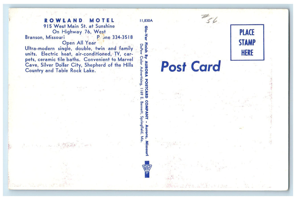 c1960's Rowland Motel Exterior Roadside Branson Missouri MO Unposted Postcard